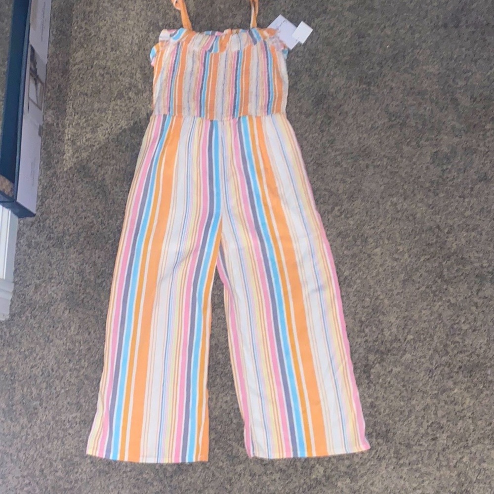 NEW LOVE, FIRE GIRLS JUMPSUIT SIZE XL MULTI COLOR STRIPE Ruffle Smocked Bodice